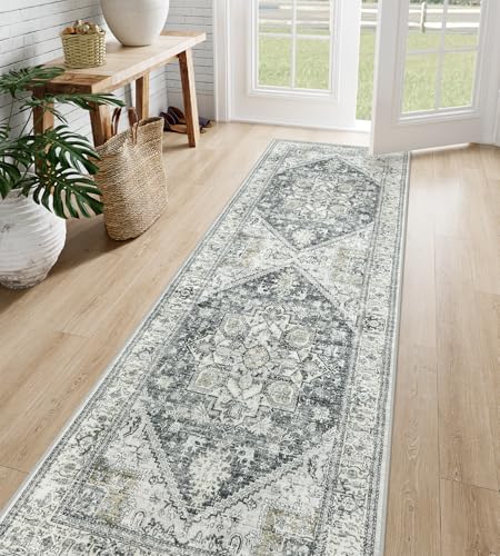 LIVEBOX Washable 9x12 Area Rugs, Large Rugs for Living Room Boho Soft Non-Slip Rug, Low-Pile Vintage Medallion Rug, Retro Indoor Rugs for Dining Room Bedroom Office Sage Green
