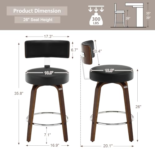 Bar Stools Set of 4, PU Leather 360° Swivel Barstools with Back and Round Seat, Modern 29