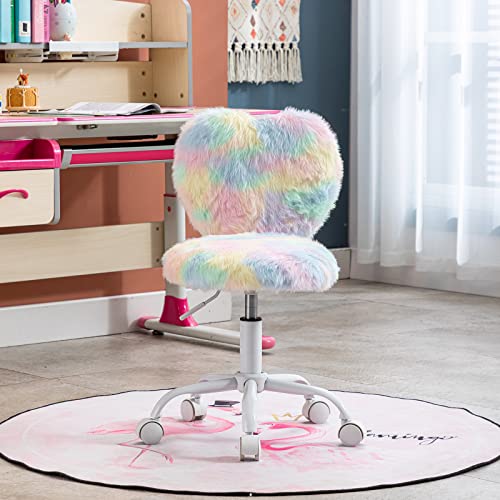 Cute Fuzzy Kids Chair for Teenage Girls Rolling Study Desk Student Chair Furry Computer Task Chair, Adjustable Heart Shaped Reading Vanity Chair for Bedroom, Colorful