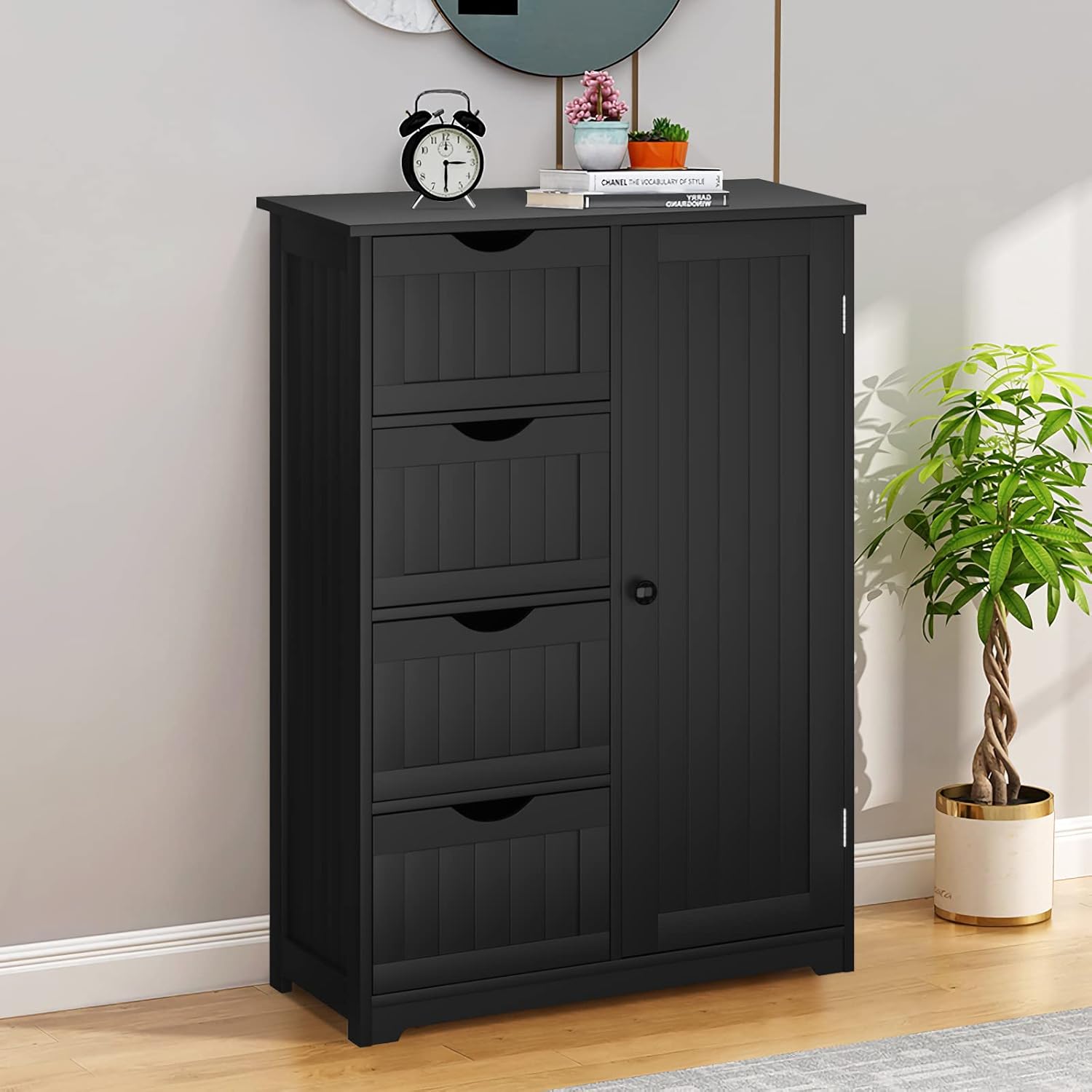 Bathroom Floor Cabinet, Freestanding Storage Organizer Unit with Adjustable Shelf, 1 Doors and 4 Drawers, Wooden Freestanding Cupboard for Entryway Kitchen Living Room (Black)