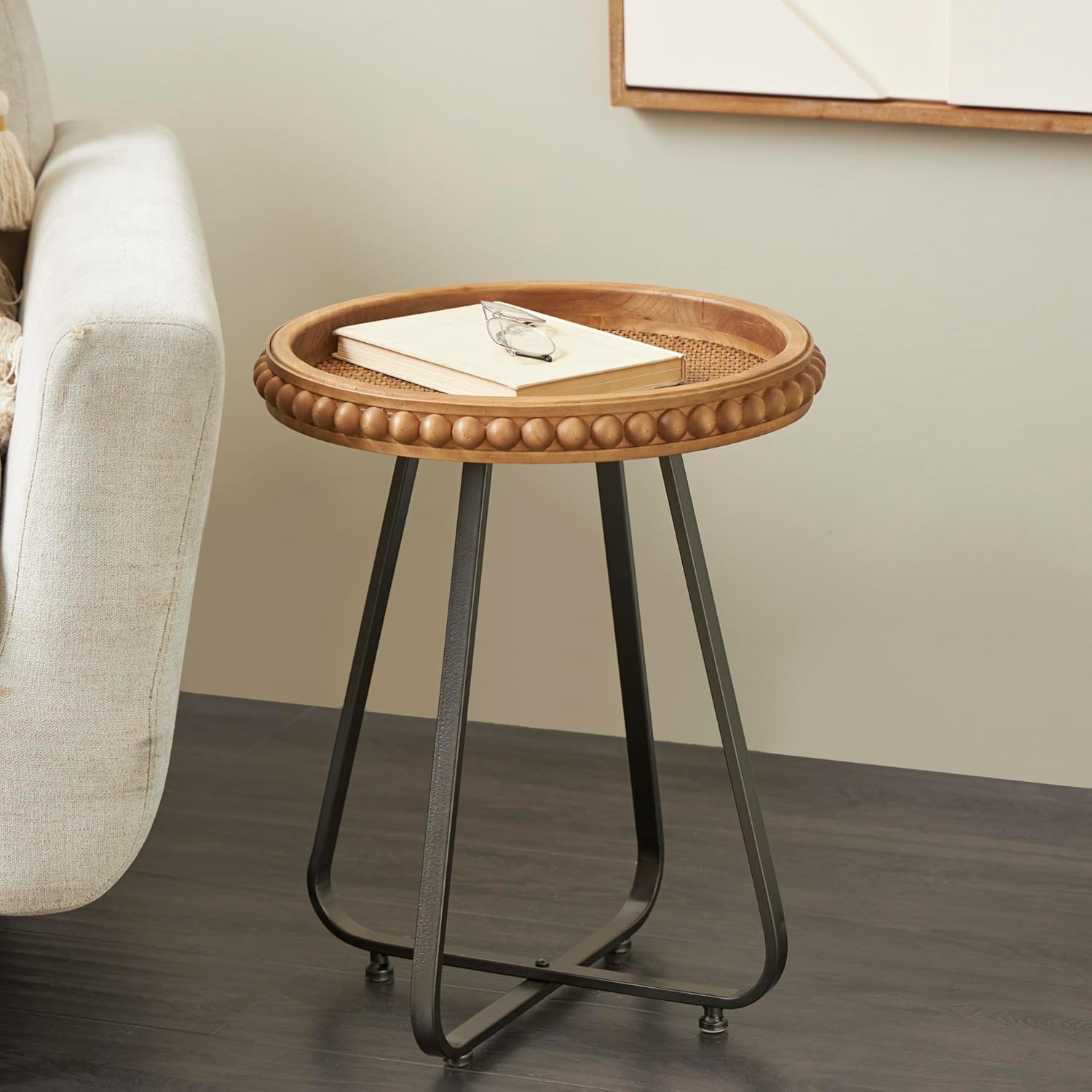 Deco 79 Wood Side End Accent Table Beaded End Table with Rounded Gray Metal Base and Rattan Accent, Side Table 17