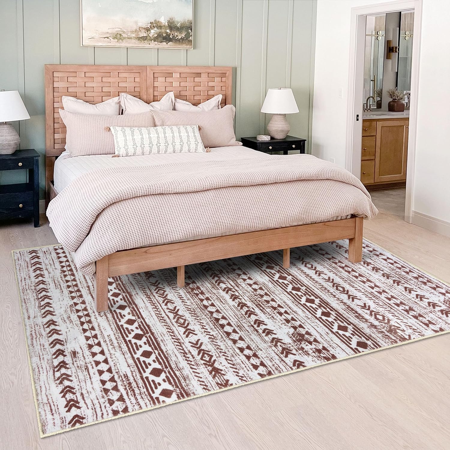 5x7 Living Room Rug, Moroccan Washable Area Rugs for Bedroom Large Brown Rug Non-Slip Soft Boho Geometric Tribal Traditional Farmhouse Carpet for Dining Room Bedroom Office Home Décor