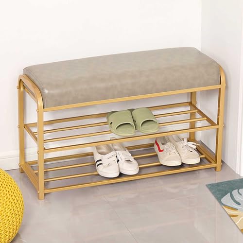 Entryway Shoe Rack with Cushioned Seat, Hallway Narrow Shoe Bench, 2 Shelves Storage Bench with Faux Leather Top Bed Bench, Gold