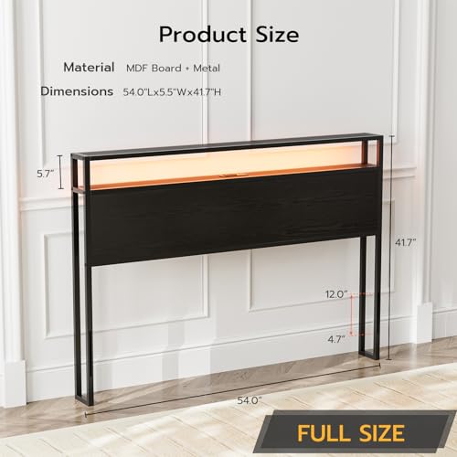 Full Size LED Headboard with Storage Shelf,Rustic Brown Headboards Only with Outlets,USB & Type C Port,Metal and Wood Frame