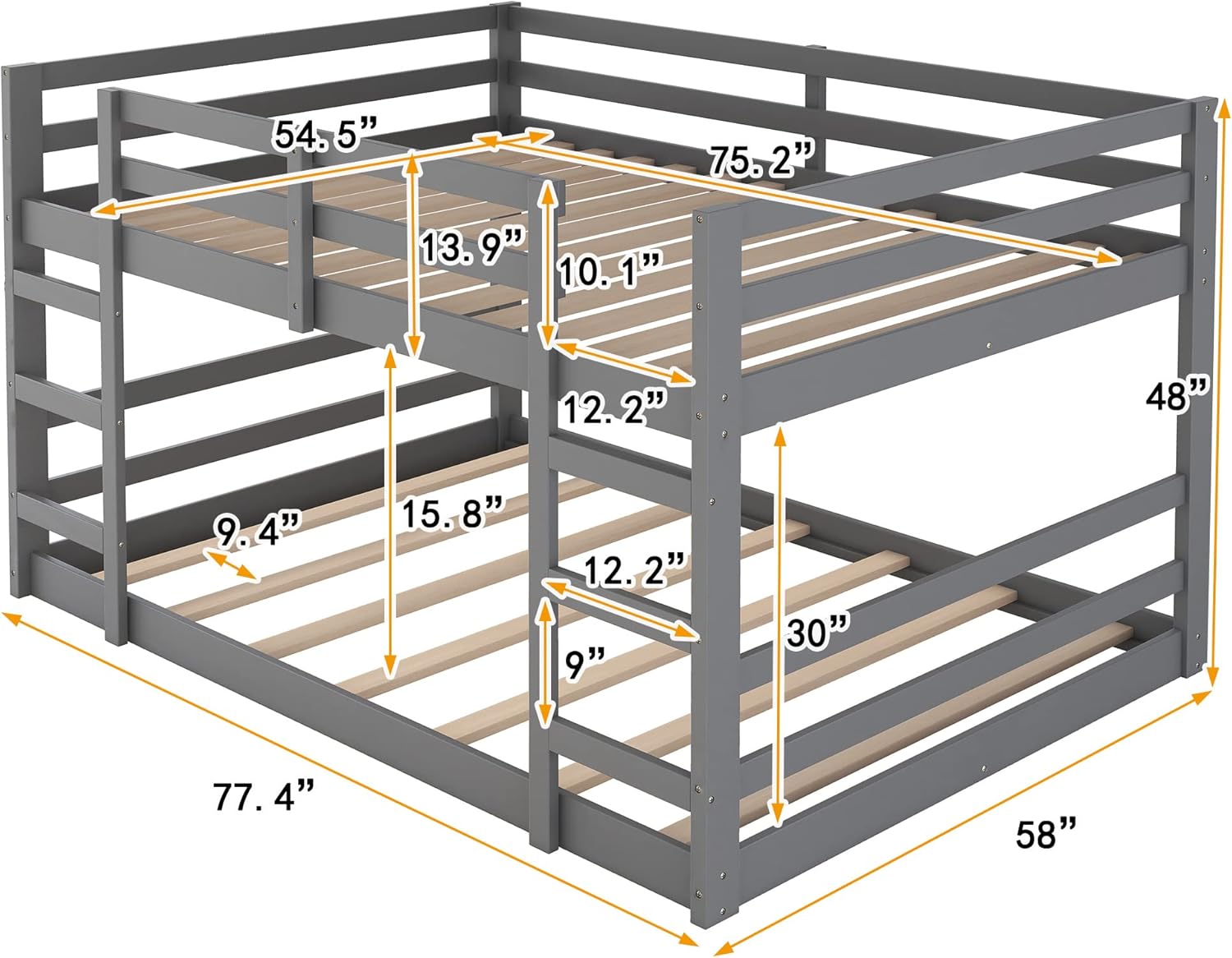 Full Over Full Low Bunk Bed, Solid Wood Floor Bunk Bed with Ladder, for Toddlers Kids Boys Girls (Gray)