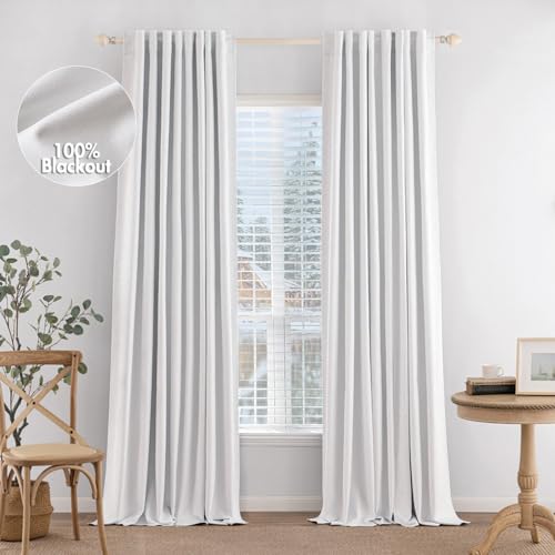 MIULEE 100% Blackout Linen Curtains 96 inches Long 2 Panels Back Tab Bedroom Drapes Living Room Black Out Window Treatments Thermal Insulated Room Darkening Rod Pocket, Natural Cream Beige