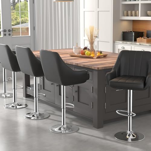 VECELO Bar Stools Set of 2, Adjustable Barstools, Counter Height Stools with Back and Arm, Kitchen Island Stools, Swivel PU Leather Chairs for Pub, Dining Room, Modern Style, Dark Grey