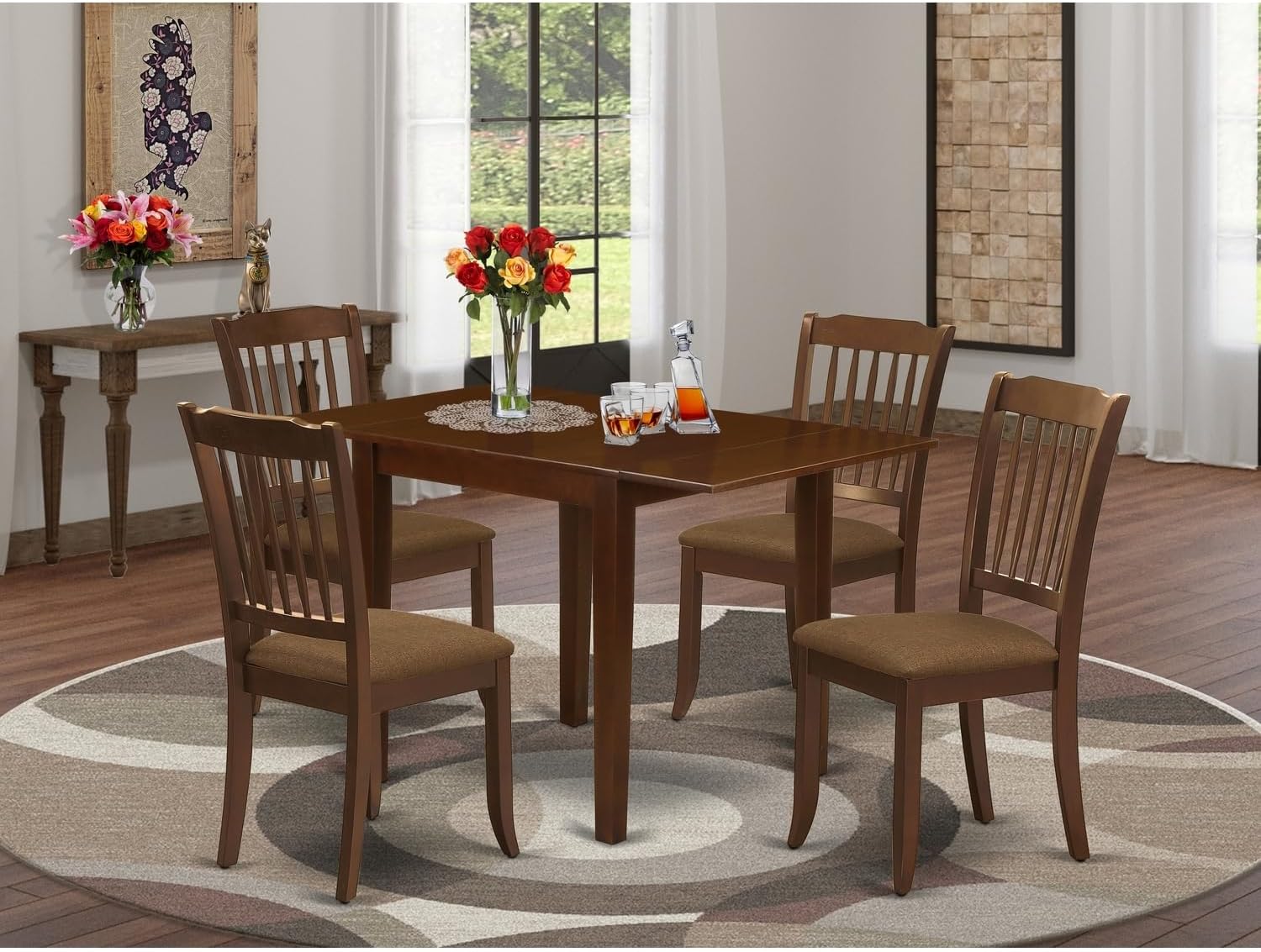 Retro Renaissance Dinette Set for 5- Four Fabulous Wooden Dining Room Chairs - A Fantastic Dining Room Table - Mahogany Color Linen - Mahogany Finish Wooden Frame