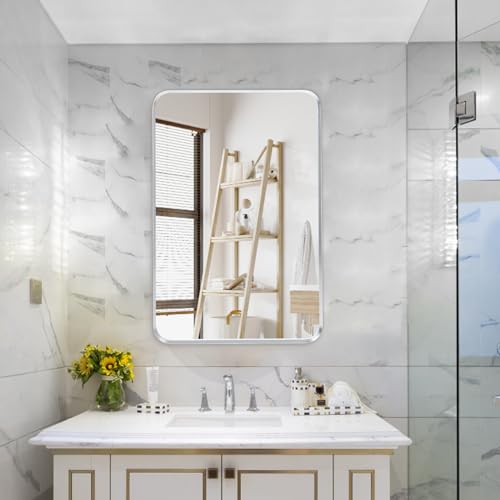 Wall Mount Mirror for Bathroom, Brushed Black Metal Framed Rounded Corner Rectangular Vanity Mirror, Tempered Glass, Anti-Rust, Hangs Horizontally or Vertically (22