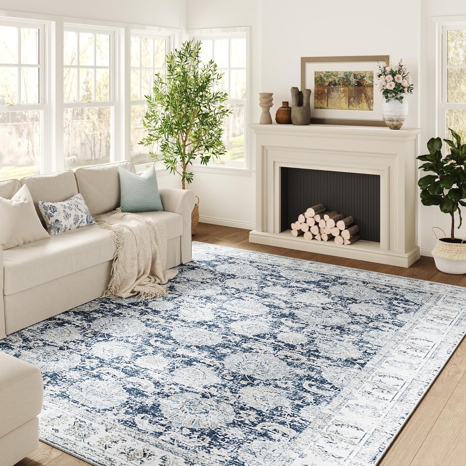 jinchan Washable Area Rug 6x9 Low Pile - Living Room Rug Dark Blue Floral Print Stain Resistant Large Rug - Indoor Distressed Boho Carpet Ultra-Thin Non-Slip Rug Bedroom Dining Room Office Farmhouse