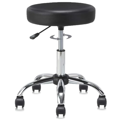 Adjustable Hydraulic Rolling Swivel Stool Chair Set of 4 Round Rolling PU Leather Stool Swivel with Wheels Adjustable Height Heavy Duty Wide Seat Drafting Stool for Office Salon Massage Spa