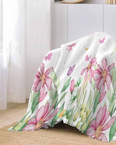 Spring Floral Cover Couch Covers for 3 Cushion Couch Throw Couch Cover with Tassel Soft Slipcover Watercolor Butterfly Pink Flowers Green Leaves White Couch Furniture Protector for Dog Pet 71