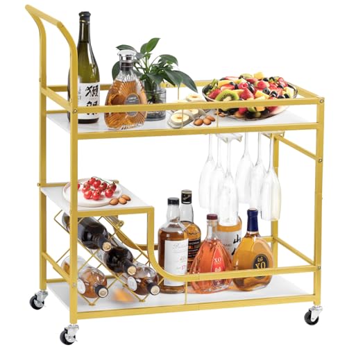 Bar Cart, Bar Serving Cart with Wheels, 2 Tier Bar Carts for The Home Kitchen Dining Room with Wine Rack and Glass Holder (Gold)