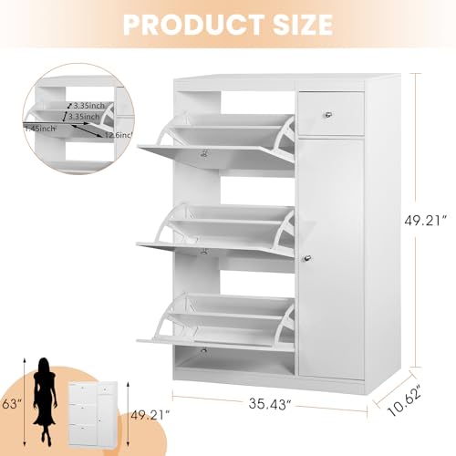 Large Shoe Cabinet for Entryway,Large Slim Hidden Shoe Storage Cabinet with 3 Flip Drawers and Side Cabinet,Shoe Rack Organizer Cabinet for Closet,Hallway