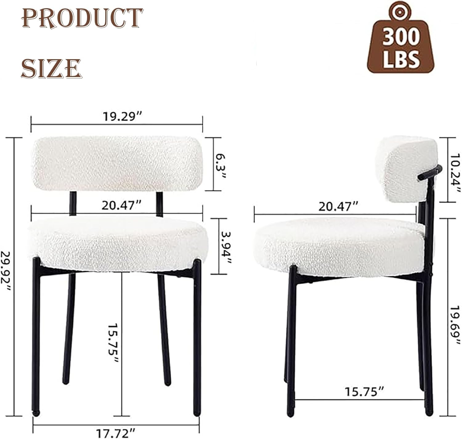 White Dining Chairs Set of 2 Boucle Dining Kitchen Chairs Curved Backrest Round Upholstered Dining Chair Comfortable Kitchen Chairs Black Metel Legs, 1384/bdfg