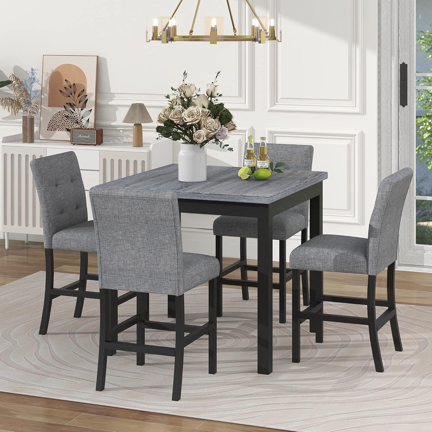 5-Piece Counter Height Dining Set Wood Square DiningRoom Table and Chairs Stools w/Footrest & 4 Upholstered high-backChairs, Grey+Black
