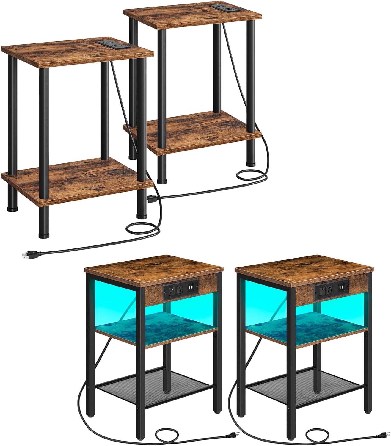 HOOBRO Side/End Tables with Charging Station Set of 2 and LED End Tables Set of 2 Bundle, Small table for Small Space in Living Room, Bedroom, BF09UBZP201-BF112UDBZP201