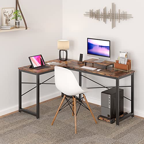 Computer Desk, L Shaped Desk with Large Desktop, Corner Desk with Monitor Stand PC Laptop Table Computer Workstation for Home Office (Rustic Brown)