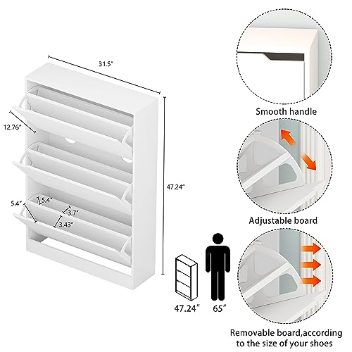 Shoe Cabinet with 3 Flip Drawers, Hidden Wood Shoe Cabinet,Freestanding Shoe Storage Cabinet for Entryway Hallway.White. 47.2