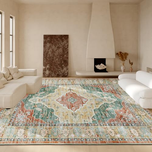 HOMBYS 9x12 Vintage Area Rug for Living Room Bedroom, Large Boho Floor Carpet with Non-Slip Backing for Indoor Office Dining Room, Traditional Home Deco Non-Shedding, Blue Red, Machine Washable