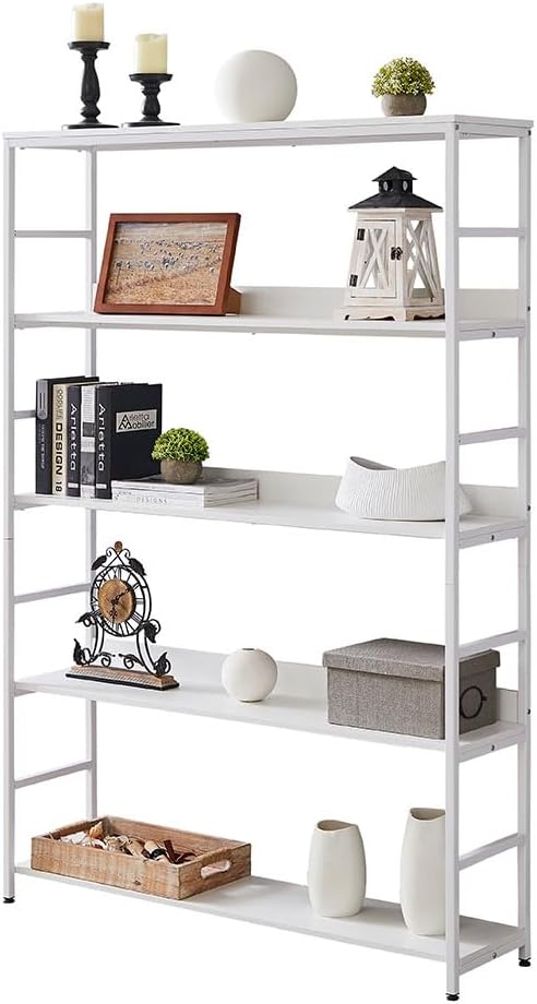 White Bookshelf, 5 Tier Tall Industrial Bookcase with MDF Board and Practical Powder-Coated Steel Frame Wood Metal Frame Standing Book Shelf for Bedroom Living Room Home Office(White)