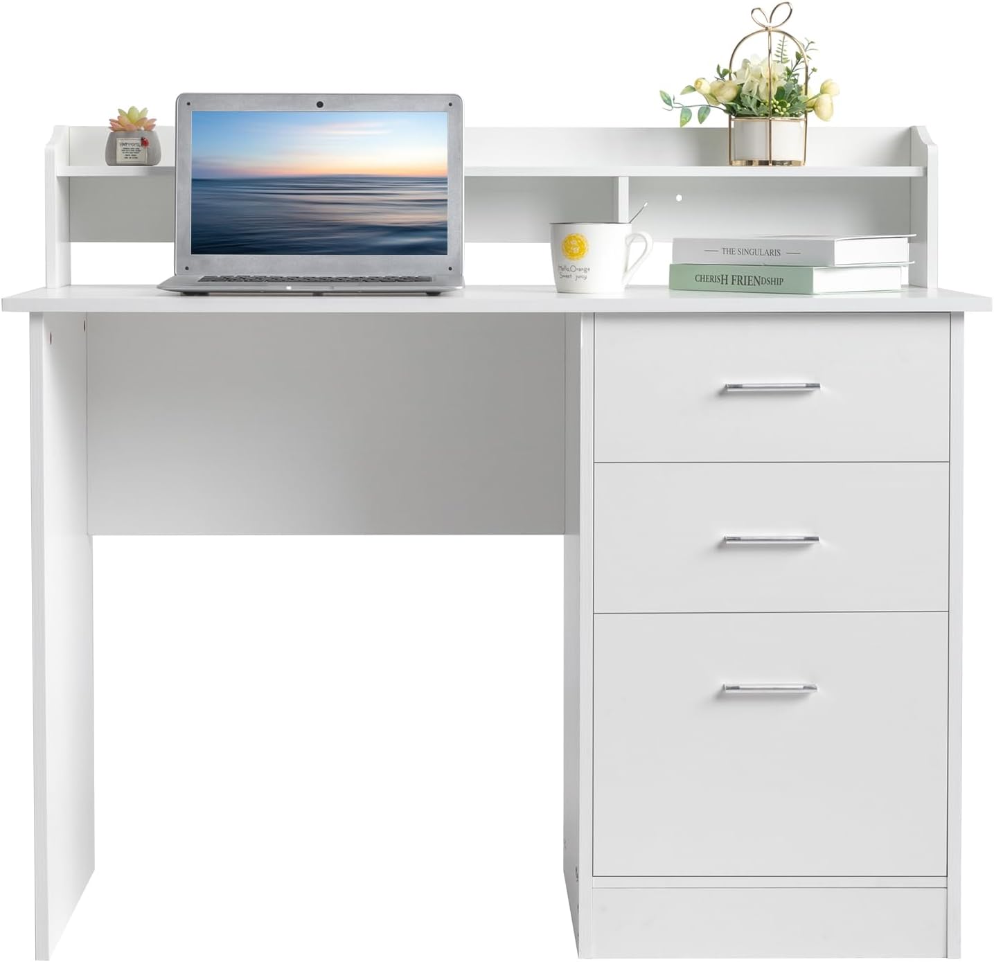 Compact Computer Desk Study Table for Small Spaces Home Office Student Laptop PC Writing Desks with Storage and Drawer - White Office Desk with Storage Shelves, Writing Study Table, Desk for Bedroom