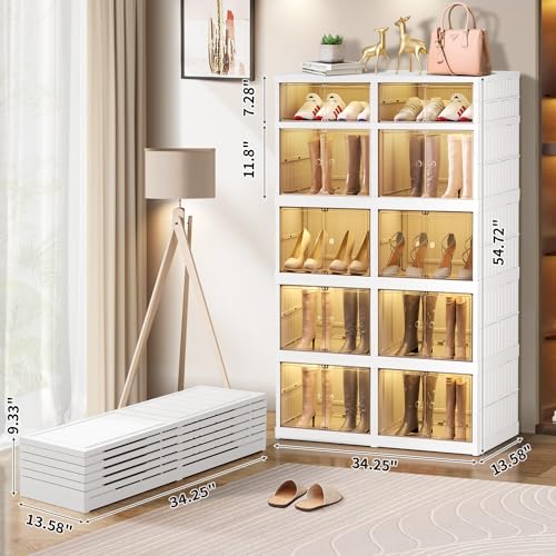 6-Tier Foldable Shoe Rack Organizer for Closet 12Pairs Plastic Shoe Shelf Collapsible Shoes Storage Box Clear Shoe Boxes Stackable with Door Easy Assembly Shoe Cabinet with Lids Large