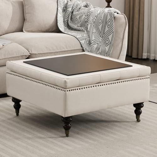 Large Square Storage Ottoman Uphlostered Tufted Button Coffee Table, Oversized Footrest Bench with Castered Rolling Wheels for Living Room, Beige Linen Waterproof