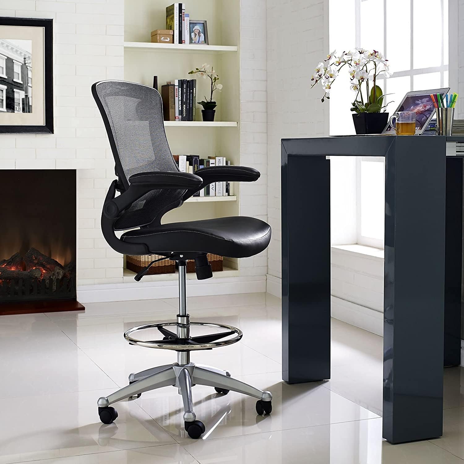 Attainment Vinyl Drafting Chair - Drafting Stool with Flip-up Arm in Black Comfortable and Ergonomic Support 26.5