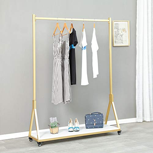 Modern Simple Heavy Duty Metal Rolling Garment Rack with Wheels,Retail Display Clothing Rack with Wood, Single Rod Floor-Standing Hangers Clothes Shelves (Gold Square Tube B, 47.2 L)