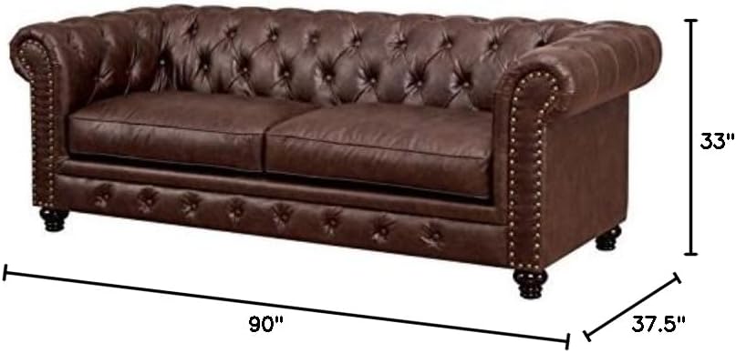 Furniture of America Villa Traditional Faux Leather Tufted Sofa in Brown