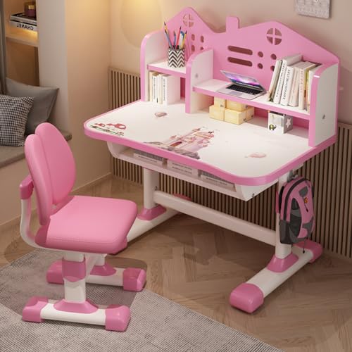 Kids Desk and Chair Set, Height Adjustable Children School Desk Small Standing Desk with Drawer Chair Set Multi Separation Cartoon Pattern Desk Kids Writing Study Table for Boys Girls 3+ (pink 2)