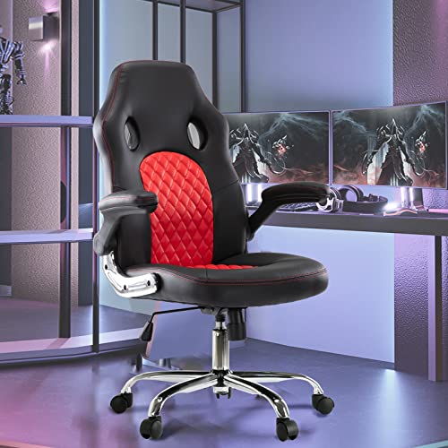 Gaming Office Chair - PU Leather Executive Swivel Computer Desk Chair with Flip-up Armrests and Lumbar Support for Working, Studying, Gaming