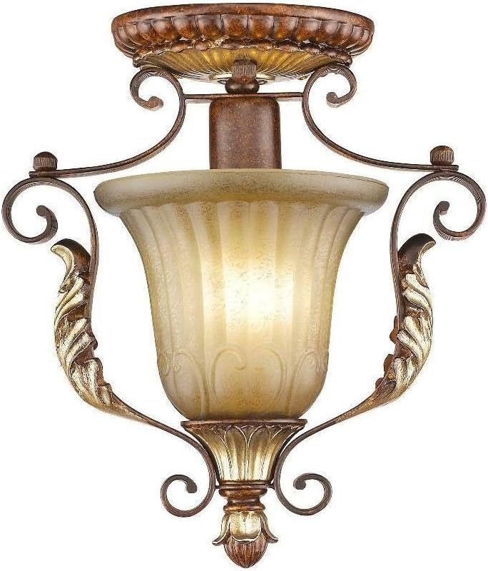 Livex Lighting 8578-63 Villa Verona 1 Light Verona Bronze Finish Flush Mount with Aged Gold Leaf Accents and Rustic Art Glass