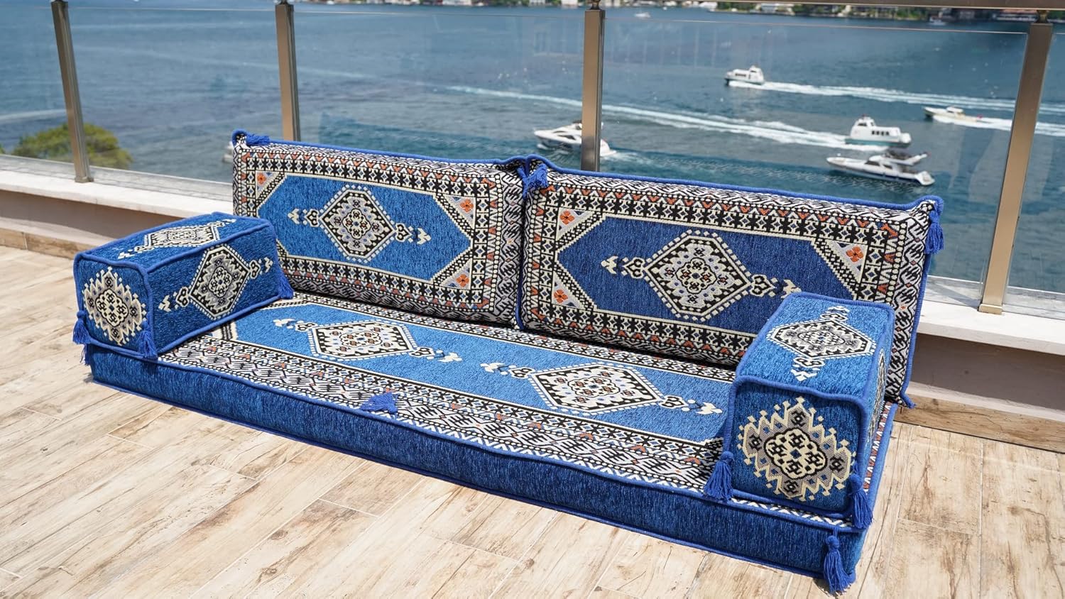 Premium Handmade Royal Blue Floor Sofa Set, Balcony Patio Sofas, Pallet Sofa, Ethnic Sofa, Moroccan Sofas, Sectional Sofas, Sofa Sleeper (4'' Thickness Sofa)