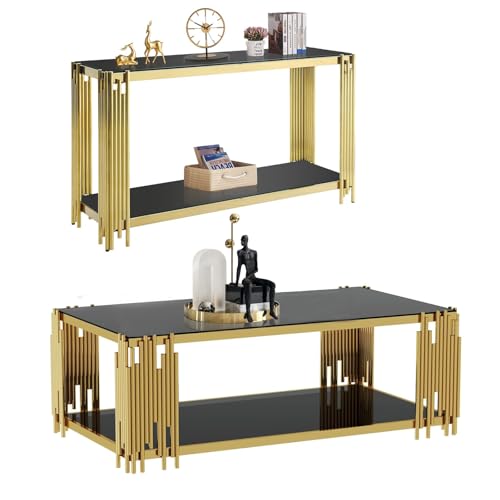 3 Piece Living Room Table Set, Luxury Black Glass Coffee Table Set with Gold Stainless Steel Legs, Set of 3 Modern Glass Coffee Console Table End Table for Living Room Bedroom