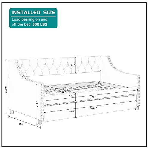 kevinplus Velvet Daybed with Trundle Upholstered Tufted Sofa Bed, Modern Comfortable Full Size Day Bed Roll-Out Bed Frame for Living Room Bedroom Small Space, No Box Spring Needed (Full-Grey)
