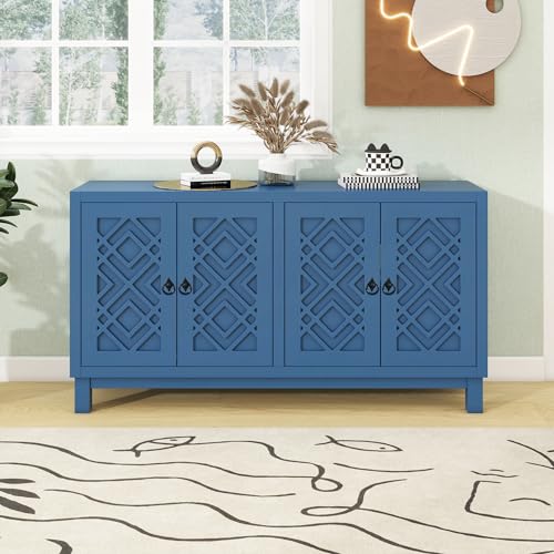 (Navy Large Storage Space Sideboard, Pull Ring Handles for Living, Dining Room, 60