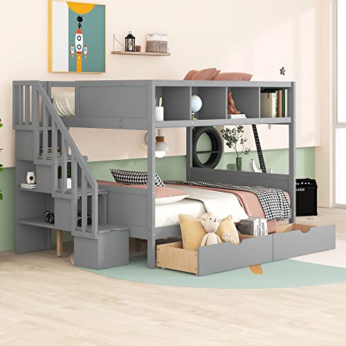 Twin Over Full Bunk Bed with Stairway, Wooden Storage Bunk Bed with Shelves and Drawers, Space-Saving Bed Frame for Dorm or Small Room (Espresso)