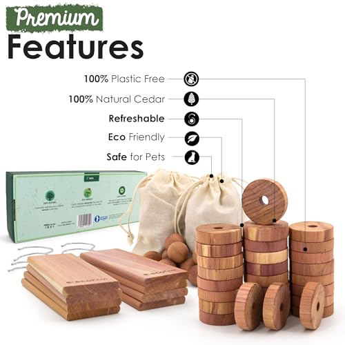 ecoKiwi Cedar Blocks for Clothes Storage Super Bundle Box - Cedar Hangers x10, Balls x30 & Rings x28 - Natural Oil Hanger Planks & Chips for Closets - Sustainable Cedarwood Protection with Sandpaper