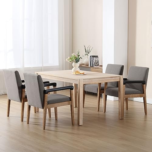 Mid Century Modern Dining Chairs Set of 6 Linen Fabric Upholstered Accent Chairs Comfy Kitchen Chairs with Solid Wood Frame Armchair for Living Room, Grey