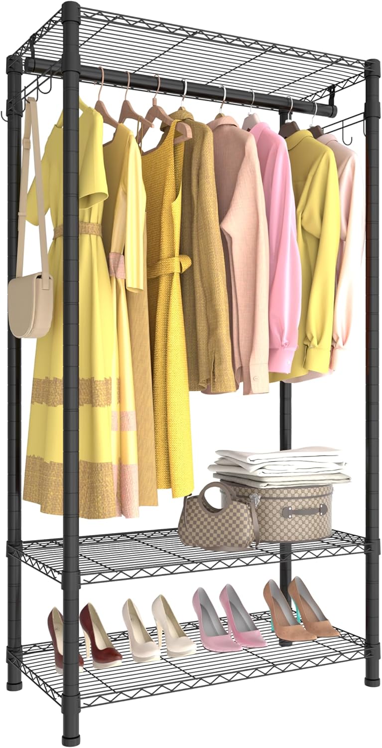 Xiofio 3 Tiers Heavy Duty Clothes Rack for Hanging Clothes Rack,Freestanding Closet with 2 Side Hooks and Hanging Rod, 29.1