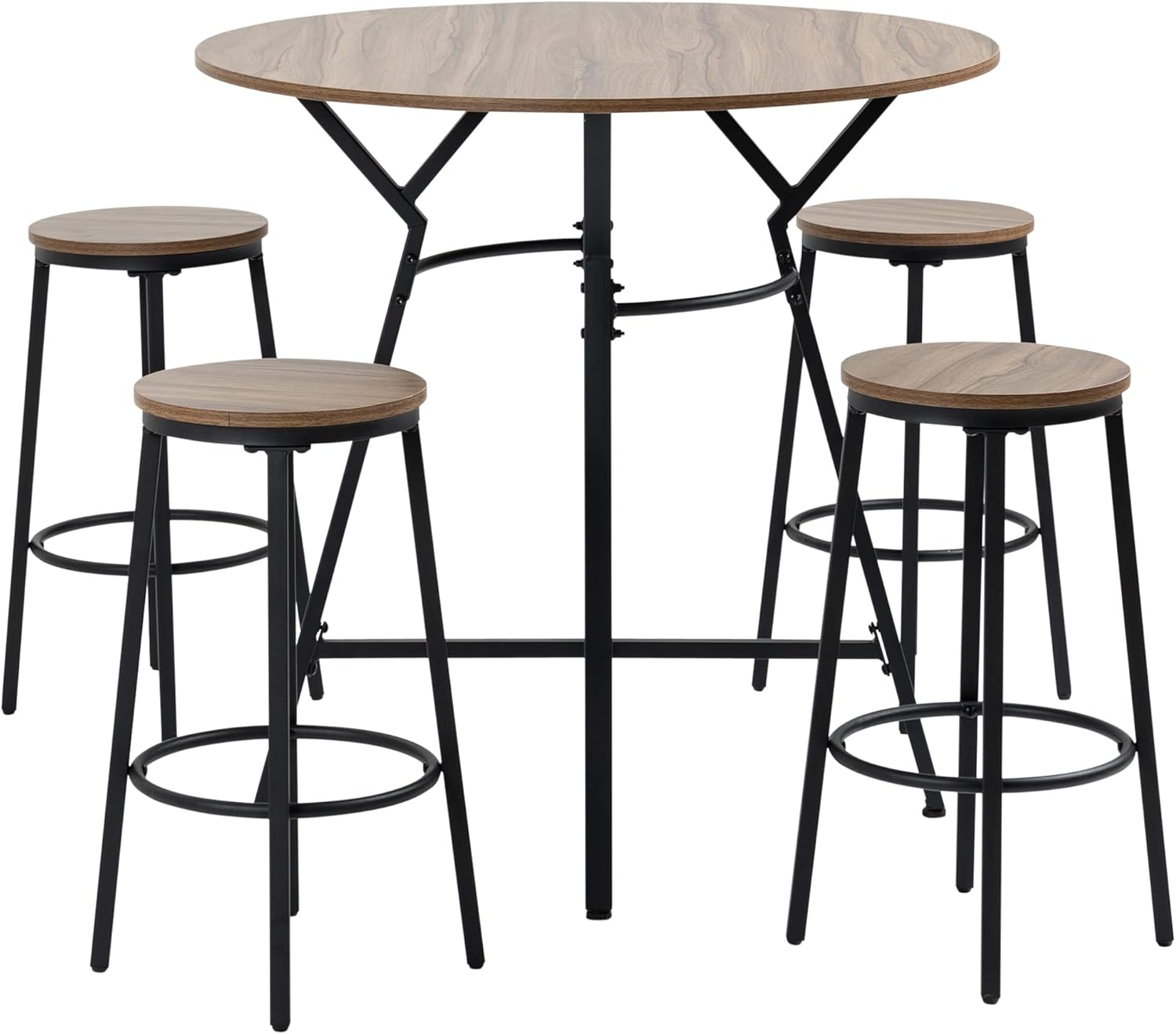 Industrial 5-Piece Bar Table and Chairs Set, Space Saving Dining Table with 4 Stools for Pub and Kitchen, Black & Brown