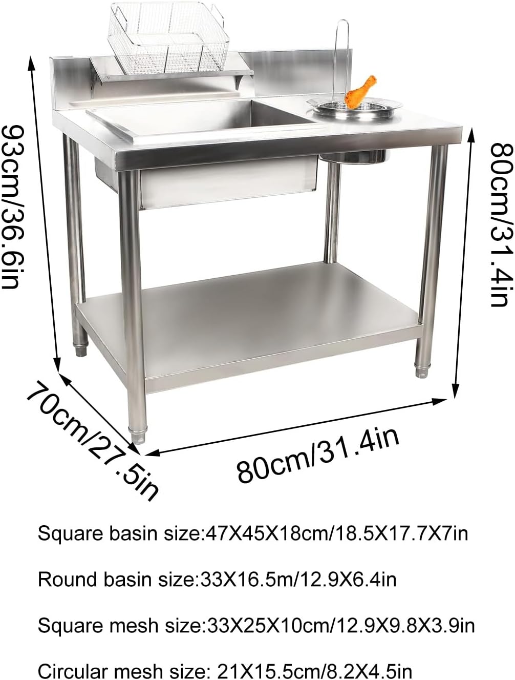 Breading Table Stainless Steel Breading Table, Heavy Duty Commercial Fried Chicken Breading Station Freestanding Food Prep Table Holds for Commercial Kitchen