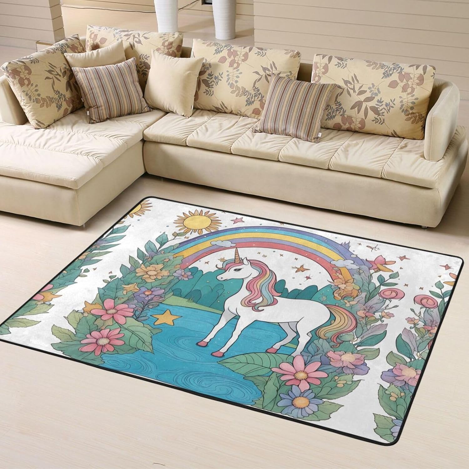 Area Rugs,Living Room Floor Mats Runner Rug Non-Skip Nursery Mat Playing Carpet 63 x 48 inch Unicorns by The river Pattern