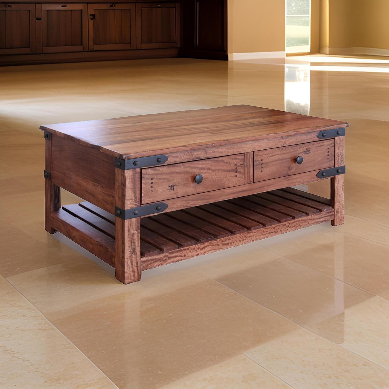 Benjara Umey 50 Inch 4 Drawer Coffee Table, Slatted Bottom Shelf, Solid Wood, Brown and Black