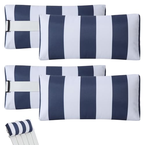 Outdoor Chair Pillows, 4 Pack Chaise Lounge Headrest Pillows Striped Pool Lounge Chair Pillows with Strap Recliner Pillow for Patio Garden Beach Balcony (Navy Blue)