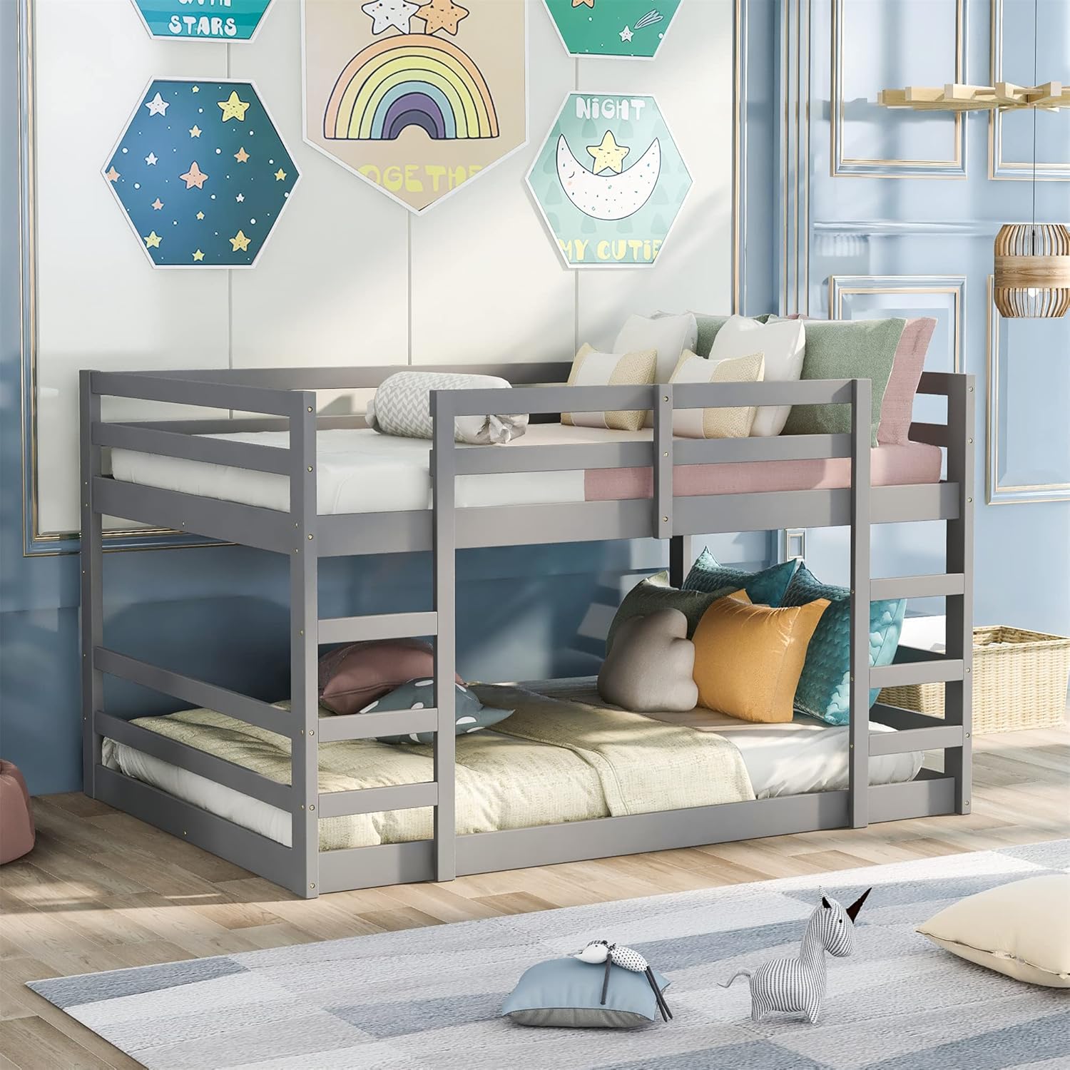 Full Over Full Low Bunk Bed, Solid Wood Floor Bunk Bed with Ladder, for Toddlers Kids Boys Girls (Gray)