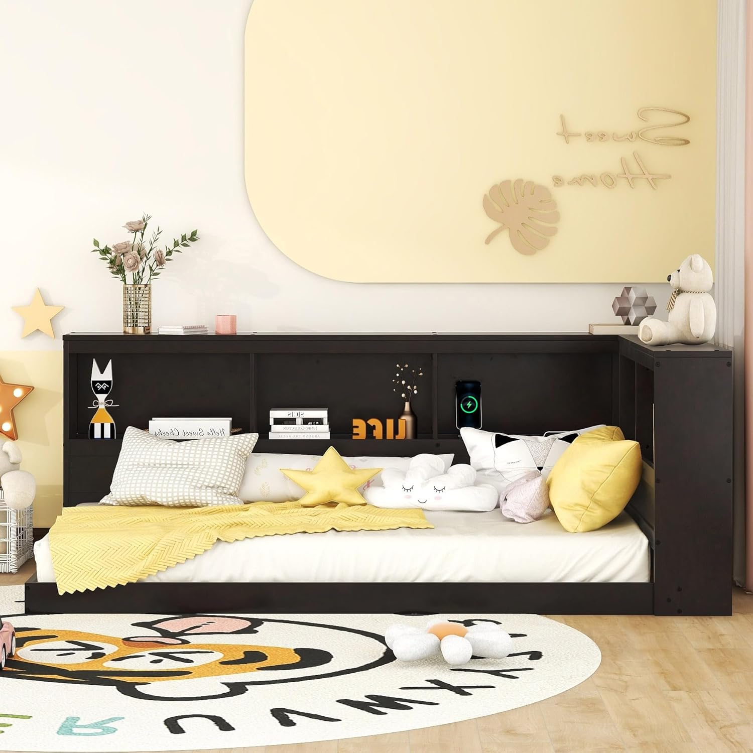 Harper & Bright Designs Twin Size Daybed, Wood Twin Bed Frame with L-Shaped Bookcases and USB Ports,Twin Floor Sofa Bed for Kids Room, Bedroom, Living Room,Espresso