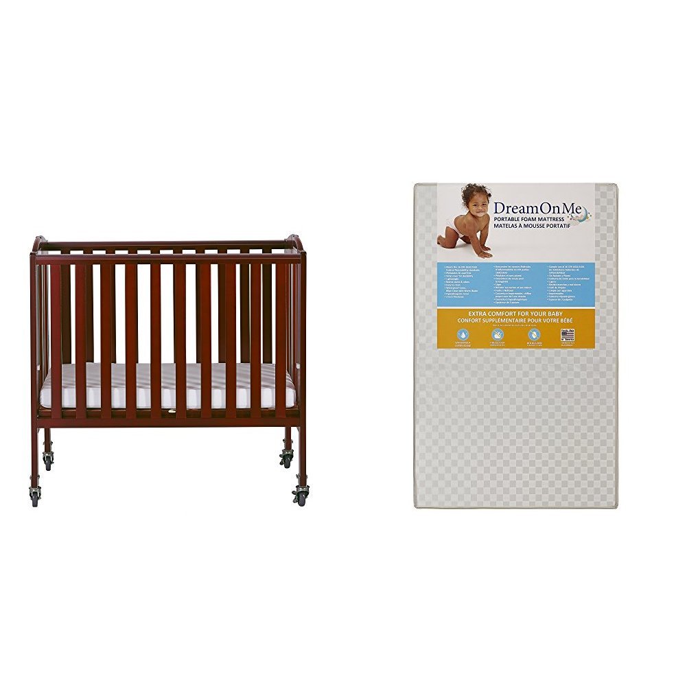 2 in 1 Folding Birch Portable Crib with Dream On Me 3 Portable Crib Mattress, White